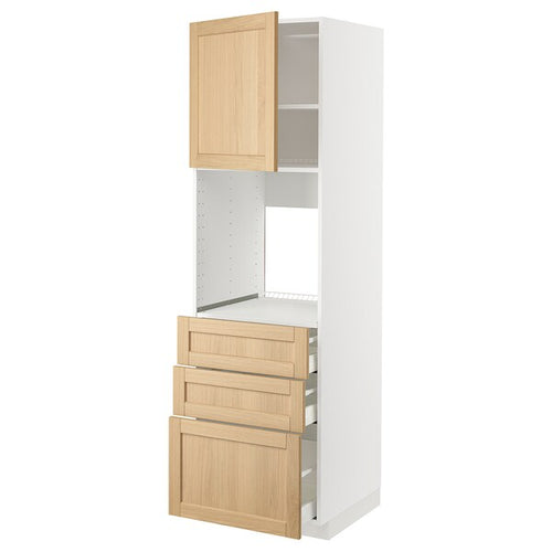 METOD / MAXIMERA - High cab f oven w door/3 drawers, white/Forsbacka oak, 60x60x200 cm