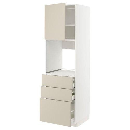 METOD / MAXIMERA - High cab f oven w door/3 drawers, white/Havstorp beige , 60x60x200 cm
