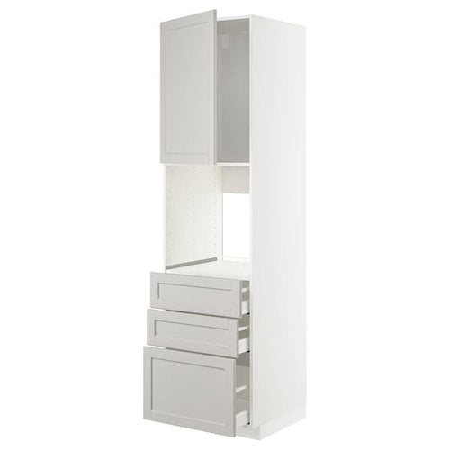 METOD / MAXIMERA - High cab f oven w door/3 drawers, white/Lerhyttan light grey , 60x60x220 cm