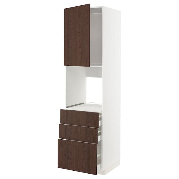 METOD / MAXIMERA - High cab f oven w door/3 drawers, white/Sinarp brown, 60x60x220 cm - best price from Maltashopper.com 29463839