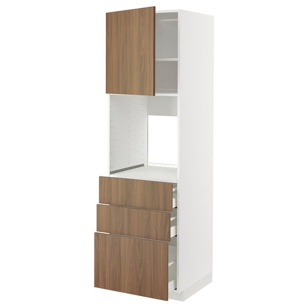 METOD / MAXIMERA - High cab f oven w door/3 drawers, white/Tistorp brown walnut effect, 60x60x200 cm