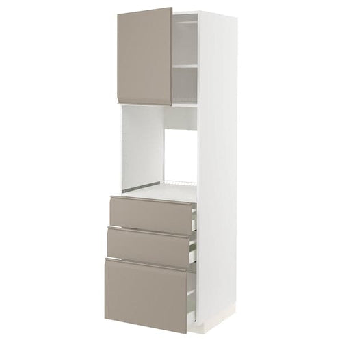 METOD / MAXIMERA - High cab f oven w door/3 drawers, white/Upplöv matt dark beige ,