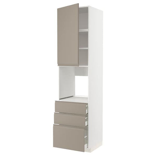 METOD / MAXIMERA - High cab f oven w door/3 drawers, white/Upplöv matt dark beige , 60x60x240 cm