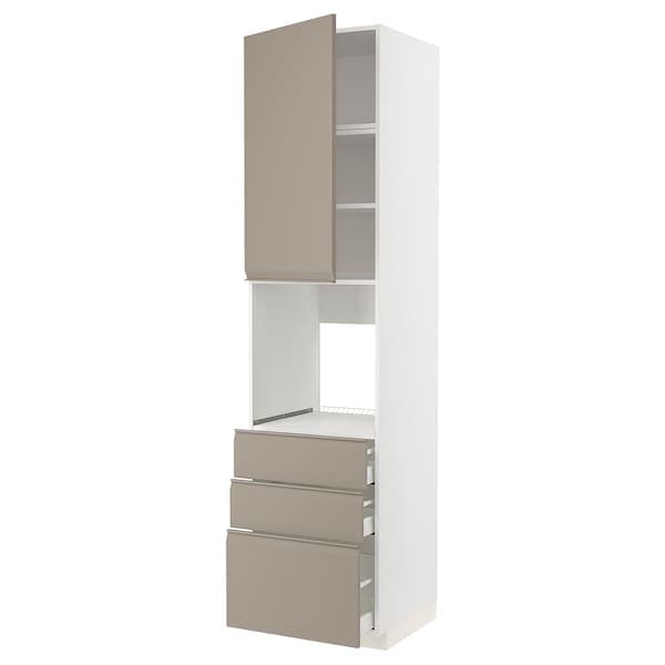 METOD / MAXIMERA - High cab f oven w door/3 drawers, white/Upplöv matt dark beige , 60x60x240 cm