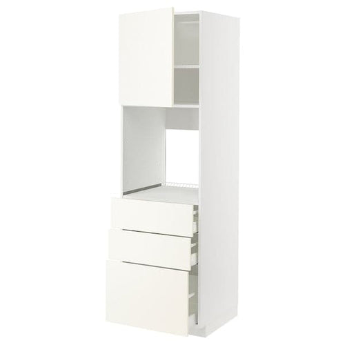 METOD / MAXIMERA - High cab f oven w door/3 drawers, white/Vallstena white, 60x60x200 cm