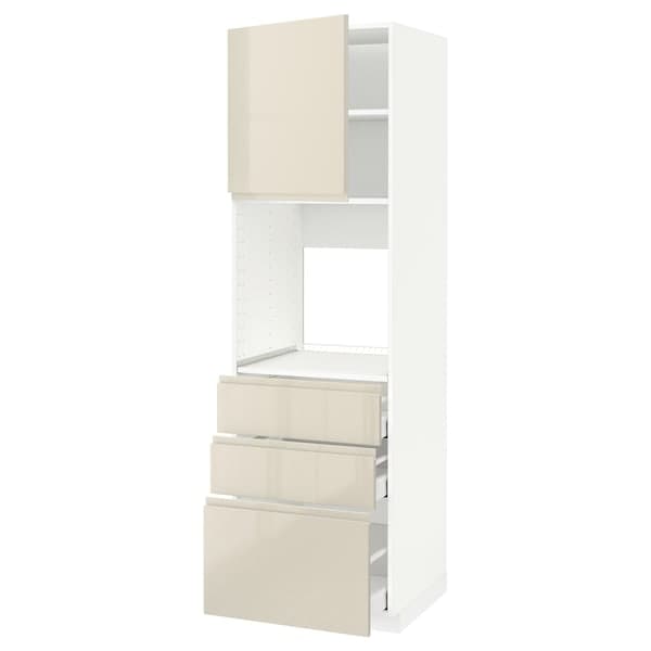 METOD / MAXIMERA - High cab f oven w door/3 drawers, white/Voxtorp high-gloss light beige , 60x60x200 cm