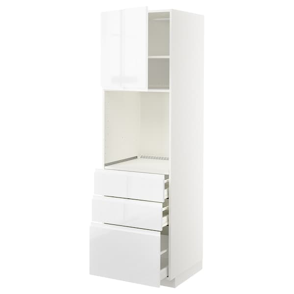 METOD / MAXIMERA - High cab f oven w door/3 drawers, white/Voxtorp high-gloss/white , 60x60x200 cm