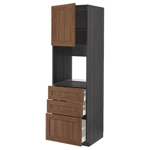 METOD / MAXIMERA - High cab f oven w door/3 drawers, black Enköping/brown walnut effect, 60x60x200 cm