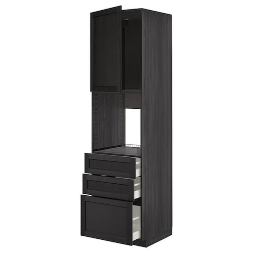 METOD / MAXIMERA - High cab f oven w door/3 drawers, black/Lerhyttan black stained , 60x60x220 cm