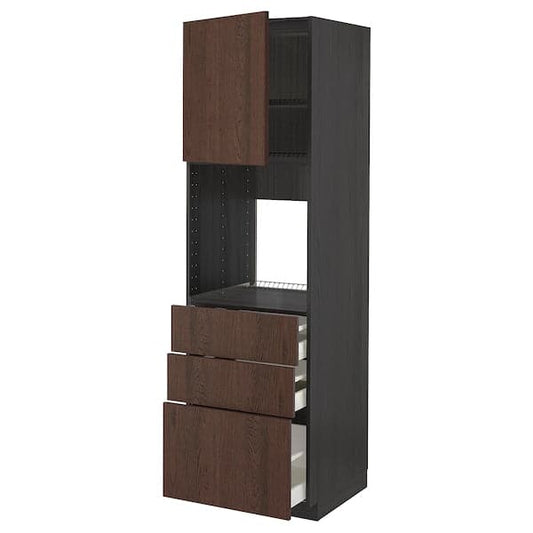 Ikea METOD / MAXIMERA - High cab f oven w door/3 drawers, black/Sinarp brown, 60x60x200 cm