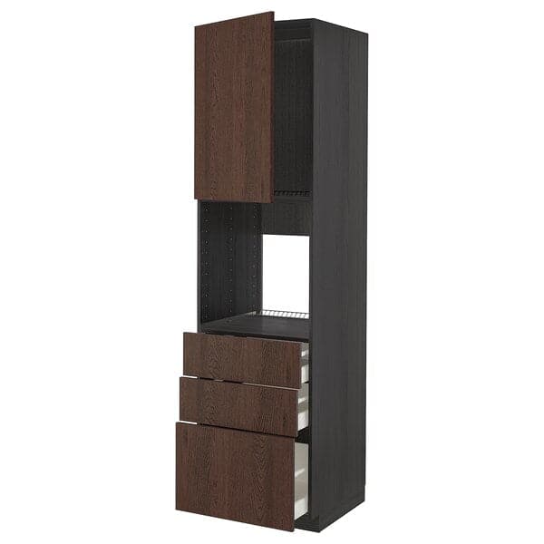 Ikea METOD / MAXIMERA - High cab f oven w door/3 drawers, black/Sinarp brown , 60x60x220 cm
