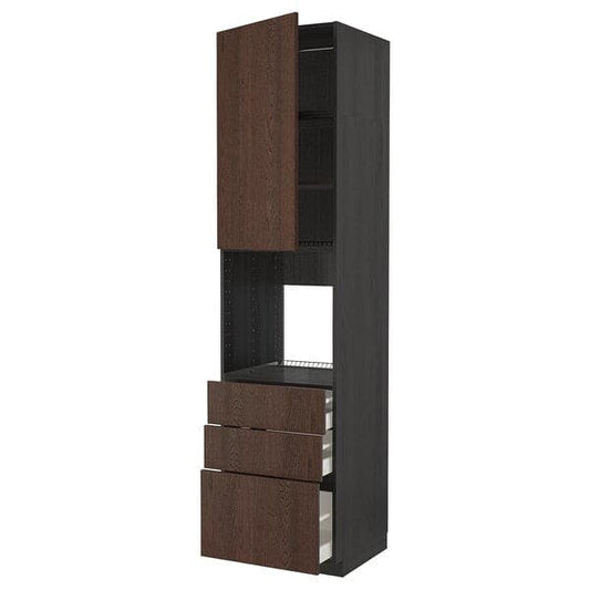Ikea METOD / MAXIMERA - High cab f oven w door/3 drawers, black/Sinarp brown, 60x60x240 cm