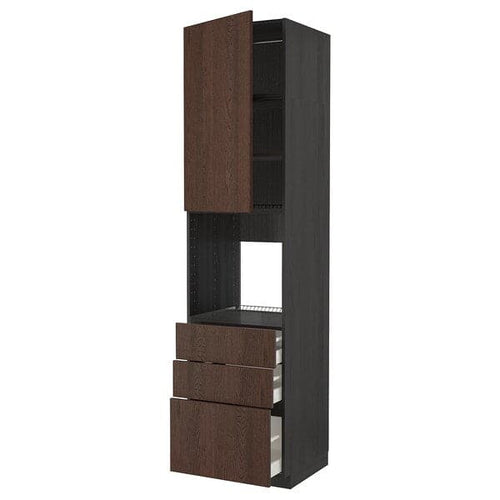 METOD / MAXIMERA - High cab f oven w door/3 drawers, black/Sinarp brown, 60x60x240 cm