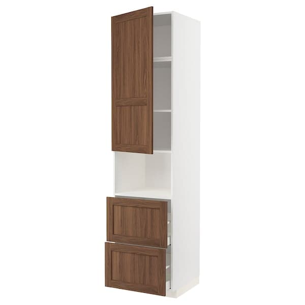 METOD / MAXIMERA - Hi cab f micro w door/2 drawers, white Enköping/brown walnut effect, 60x60x240 cm - best price from Maltashopper.com 39475002