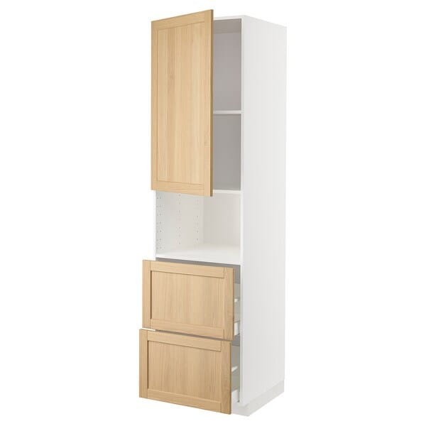 Ikea METOD / MAXIMERA - Hi cab f micro w door/2 drawers, white/Forsbacka oak, 60x60x220 cm