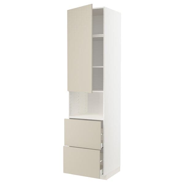 METOD / MAXIMERA - Hi cab f micro w door/2 drawers, white/Havstorp beige, 60x60x240 cm