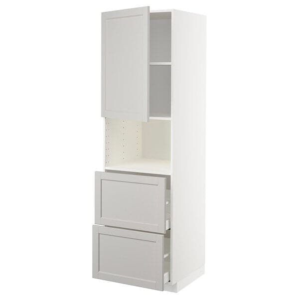 METOD / MAXIMERA - Hi cab f micro w door/2 drawers, white/Lerhyttan light grey, 60x60x200 cm