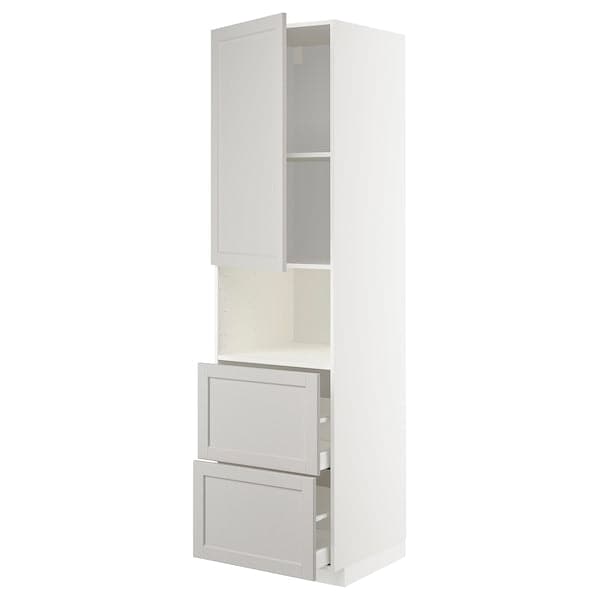 METOD / MAXIMERA - Hi cab f micro w door/2 drawers, white/Lerhyttan light grey, 60x60x220 cm