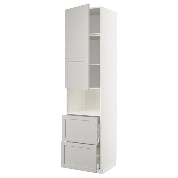 METOD / MAXIMERA - Hi cab f micro w door/2 drawers, white/Lerhyttan light grey , 60x60x240 cm