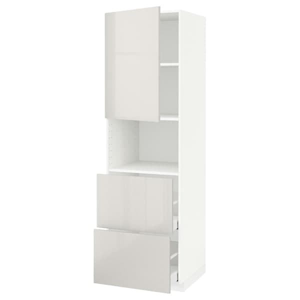 METOD / MAXIMERA - Hi cab f micro w door/2 drawers, white/Ringhult light grey, 60x60x200 cm