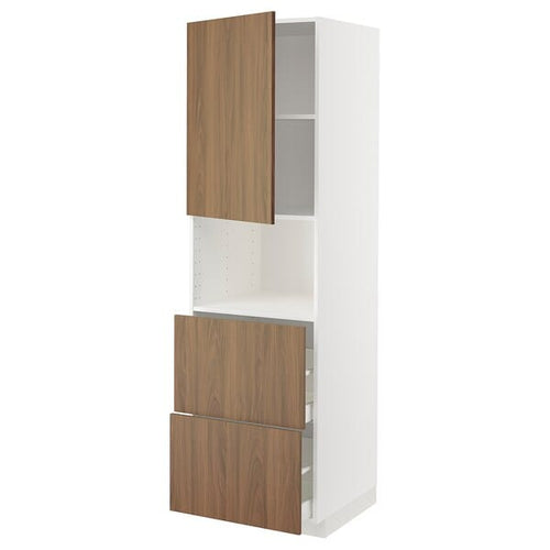 METOD / MAXIMERA - Hi cab f micro w door/2 drawers, white/Tistorp brown walnut effect, 60x60x200 cm