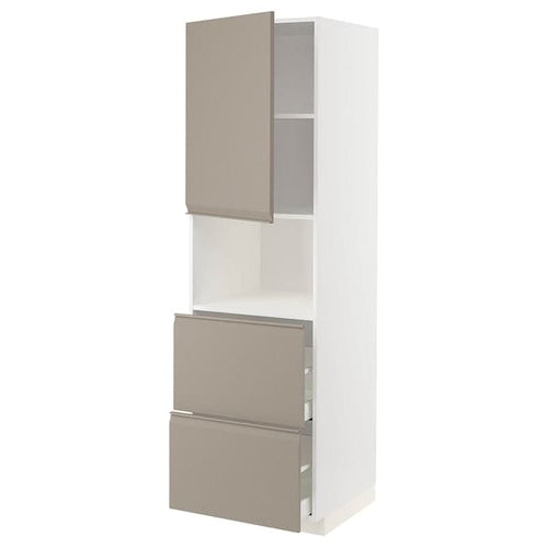 METOD / MAXIMERA hi cab f micro w door/2 drawers, white/Upplöv matt dark beige, 60x60x200 cm