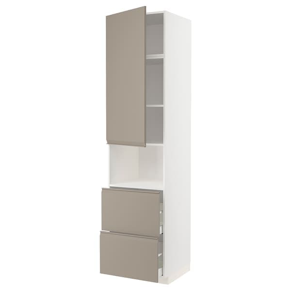 METOD / MAXIMERA - Hi cab f micro w door/2 drawers, white/Upplöv matt dark beige , 60x60x240 cm