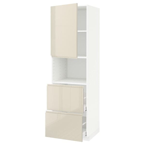 METOD / MAXIMERA - Hi cab f micro w door/2 drawers, white/Voxtorp high-gloss light beige, 60x60x200 cm