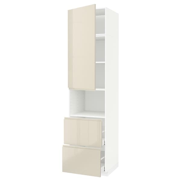 METOD / MAXIMERA - Hi cab f micro w door/2 drawers, white/Voxtorp high-gloss light beige, 60x60x240 cm