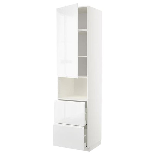 METOD / MAXIMERA hi cab f micro w door/2 drawers, white/Voxtorp high-gloss/white, 60x60x240 cm
