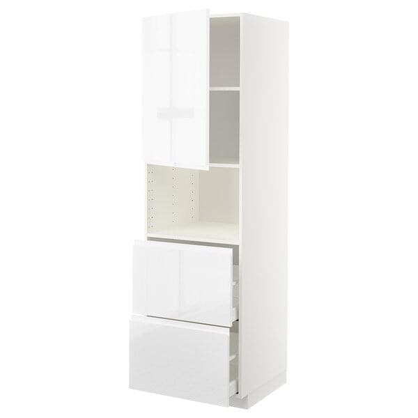 METOD / MAXIMERA - Hi cab f micro w door/2 drawers, white/Voxtorp high-gloss/white, 60x60x200 cm - best price from Maltashopper.com 49457804