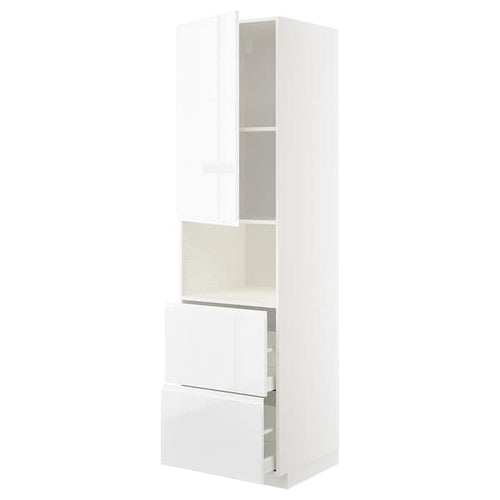 METOD / MAXIMERA hi cab f micro w door/2 drawers, white/Voxtorp high-gloss/white, 60x60x220 cm