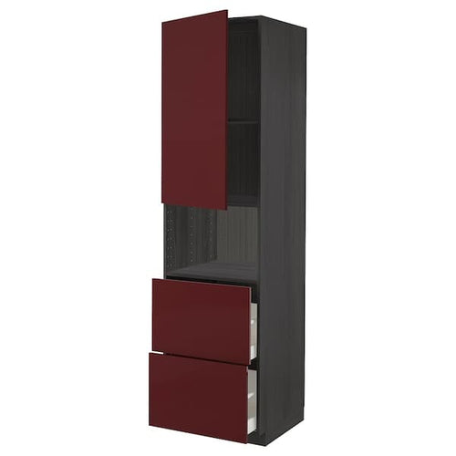 METOD / MAXIMERA - Hi cab f micro w door/2 drawers, black Kallarp/high-gloss dark red-brown , 60x60x220 cm
