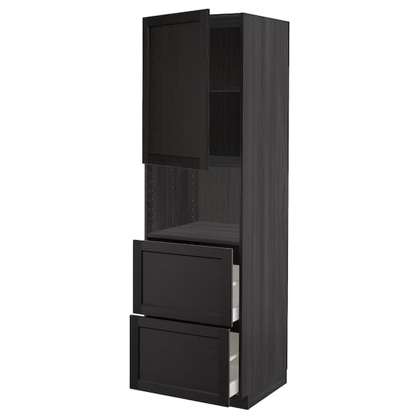 METOD / MAXIMERA - Hi cab f micro w door/2 drawers, black/Lerhyttan black stained, 60x60x200 cm