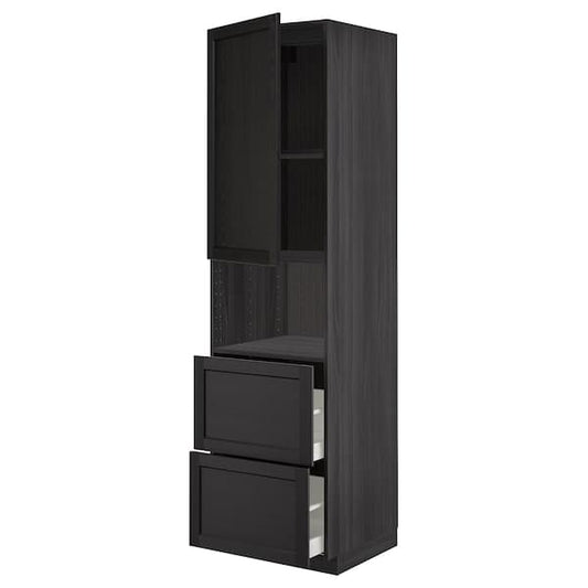 Ikea METOD / MAXIMERA - Hi cab f micro w door/2 drawers, black/Lerhyttan black stained, 60x60x220 cm