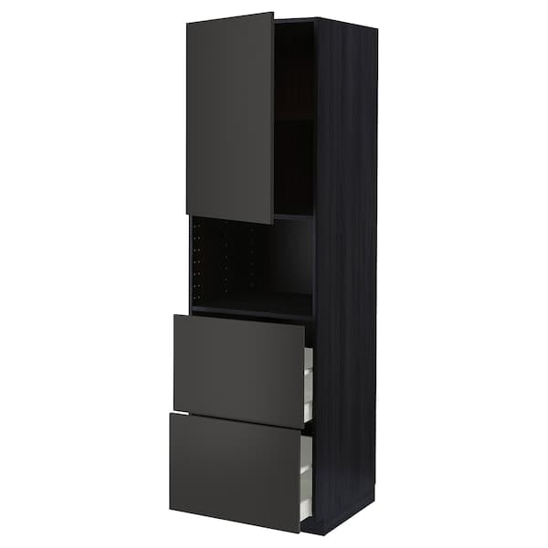 METOD / MAXIMERA - Hi cab f micro w door/2 drawers, black/Nickebo matt anthracite, 60x60x200 cm