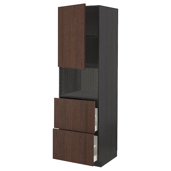 Ikea METOD / MAXIMERA - Hi cab f micro w door/2 drawers, black/Sinarp brown , 60x60x200 cm