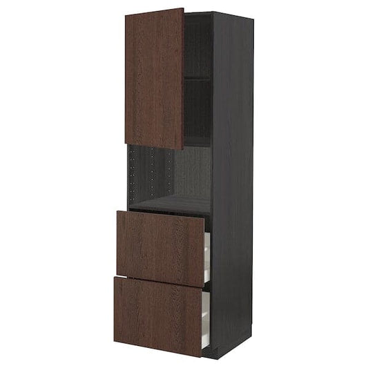 Ikea METOD / MAXIMERA - Hi cab f micro w door/2 drawers, black/Sinarp brown , 60x60x200 cm