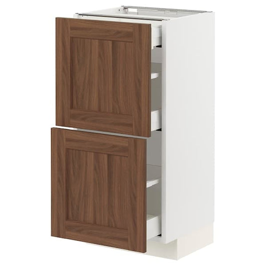 Ikea METOD / MAXIMERA - Base cab with 2 fronts/3 drawers, white Enköping/brown walnut effect, 40x37 cm