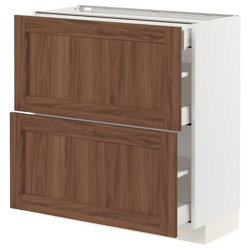 METOD / MAXIMERA - Base cab with 2 fronts/3 drawers, white Enköping/brown walnut effect, 80x37 cm