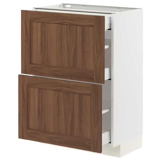 Ikea METOD / MAXIMERA - Base cab with 2 fronts/3 drawers, white Enköping/brown walnut effect, 60x37 cm