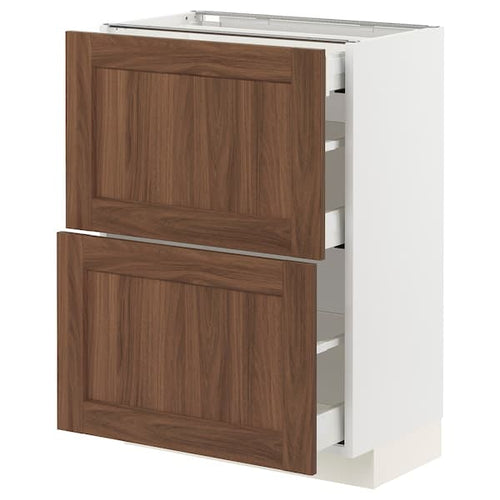METOD / MAXIMERA - Base cab with 2 fronts/3 drawers, white Enköping/brown walnut effect, 60x37 cm
