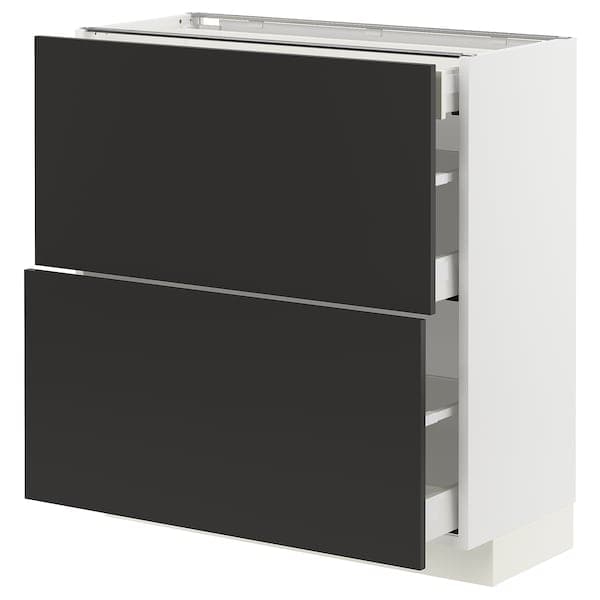 METOD / MAXIMERA - Base cab with 2 fronts/3 drawers, white/Nickebo matt anthracite , 80x37 cm