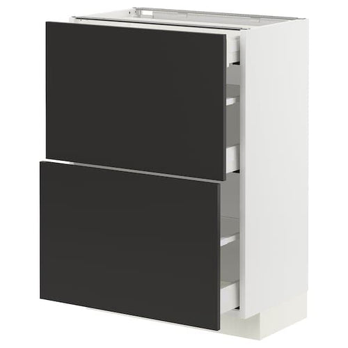 METOD / MAXIMERA - Base cab with 2 fronts/3 drawers, white/Nickebo matt anthracite, 60x37 cm