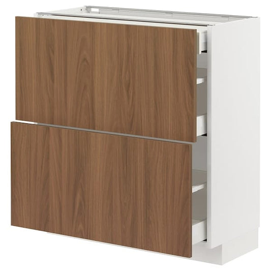 Ikea METOD / MAXIMERA - Base cab with 2 fronts/3 drawers, white/Tistorp brown walnut effect, 80x37 cm