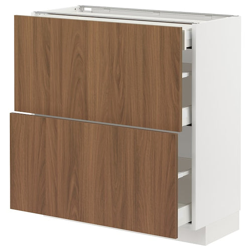 METOD / MAXIMERA - Base cab with 2 fronts/3 drawers, white/Tistorp brown walnut effect, 80x37 cm