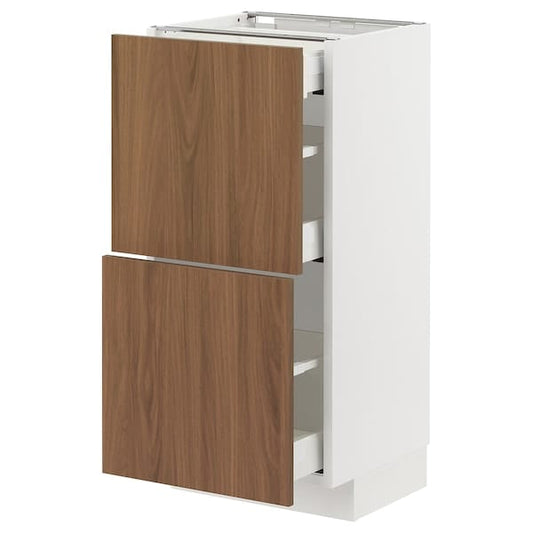 Ikea METOD / MAXIMERA - Base cab with 2 fronts/3 drawers, white/Tistorp brown walnut effect, 40x37 cm