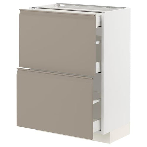 METOD / MAXIMERA base cab with 2 fronts/3 drawers, white/Upplöv matt dark beige, 60x37 cm
