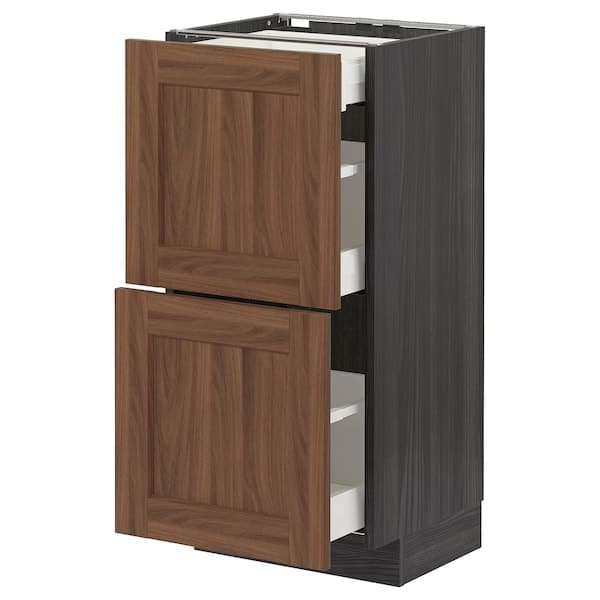 METOD / MAXIMERA - Base cab with 2 fronts/3 drawers, black Enköping/brown walnut effect, 40x37 cm - best price from Maltashopper.com 19476696