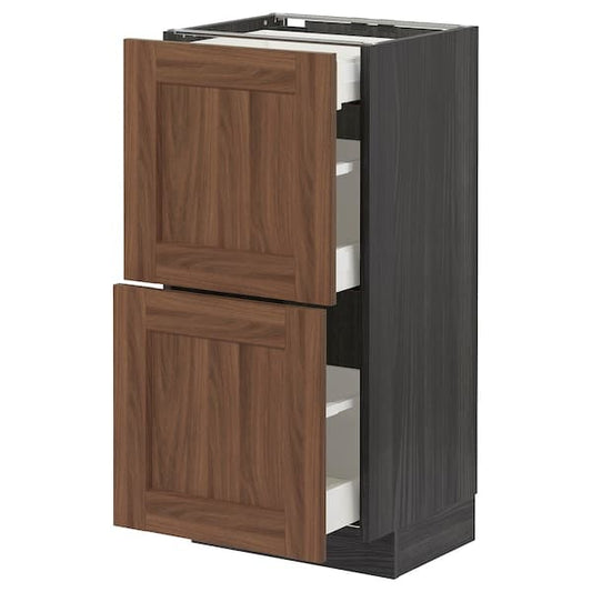 METOD / MAXIMERA - Base cab with 2 fronts/3 drawers, black Enköping/brown walnut effect, 40x37 cm - best price from Maltashopper.com 19476696
